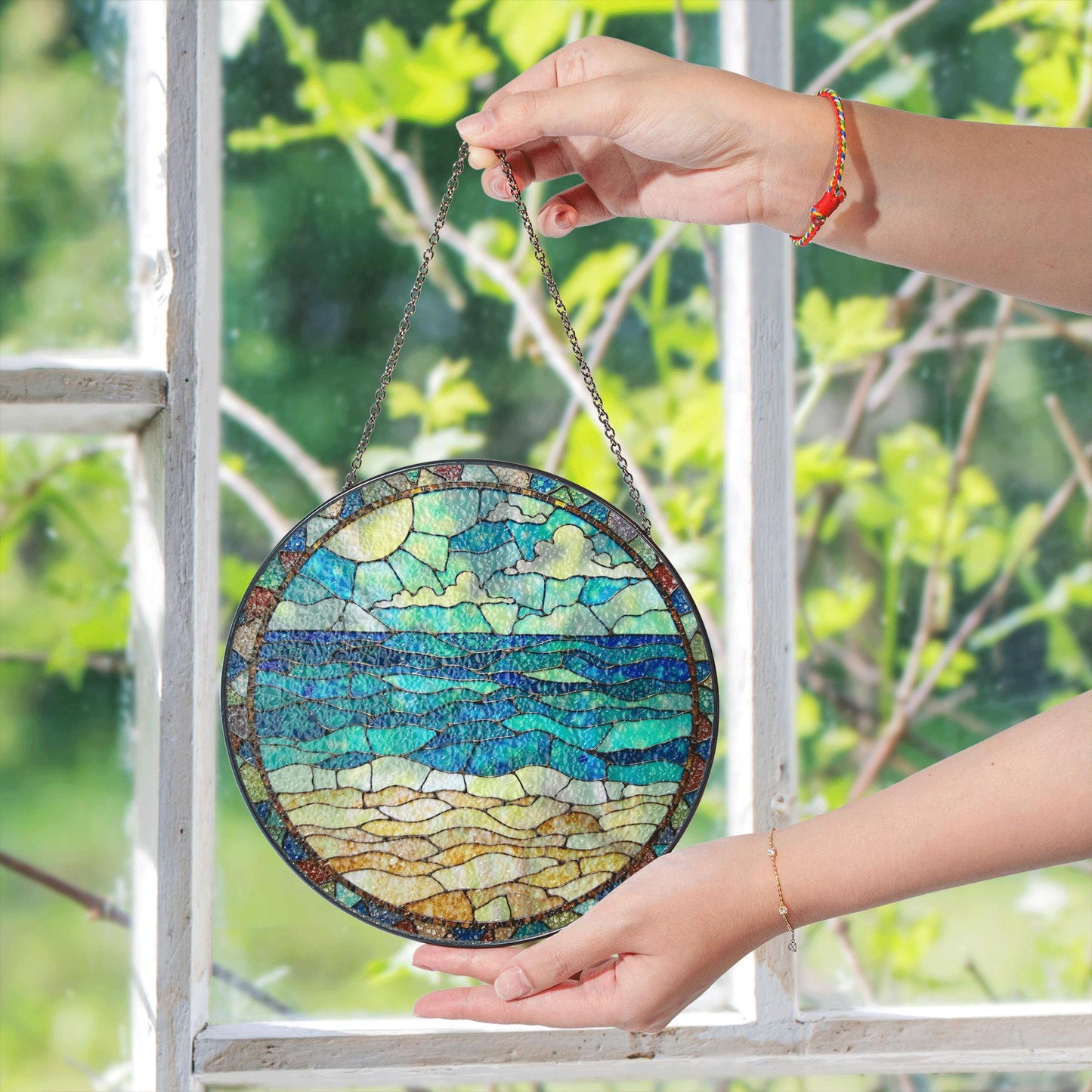 Ocean Beach Stained Glass Suncatcher Window Decor Gift for Nature Lovers