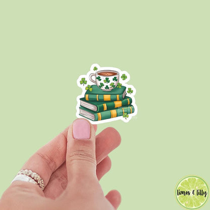 Coffee and Book Stack Lucky Vinyl Sticker | St. Patrick’s Day Sticker | Irish Sticker | Kindle Stickers | Bookish Stickers |