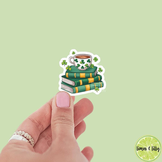 Coffee and Book Stack Lucky Vinyl Sticker | St. Patrick’s Day Sticker | Irish Sticker | Kindle Stickers | Bookish Stickers |