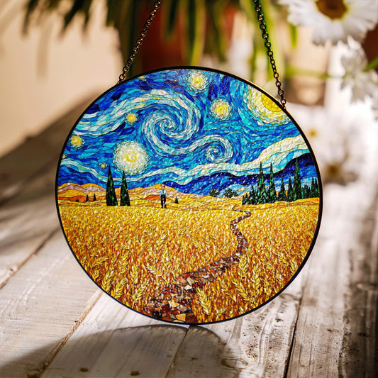 Starry Night Wheat Field Suncatcher Window Hanging Art Gift for Art Lovers