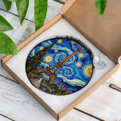 Starry Night Eiffel Tower Suncatcher Window Hanging Gift for Art Lovers