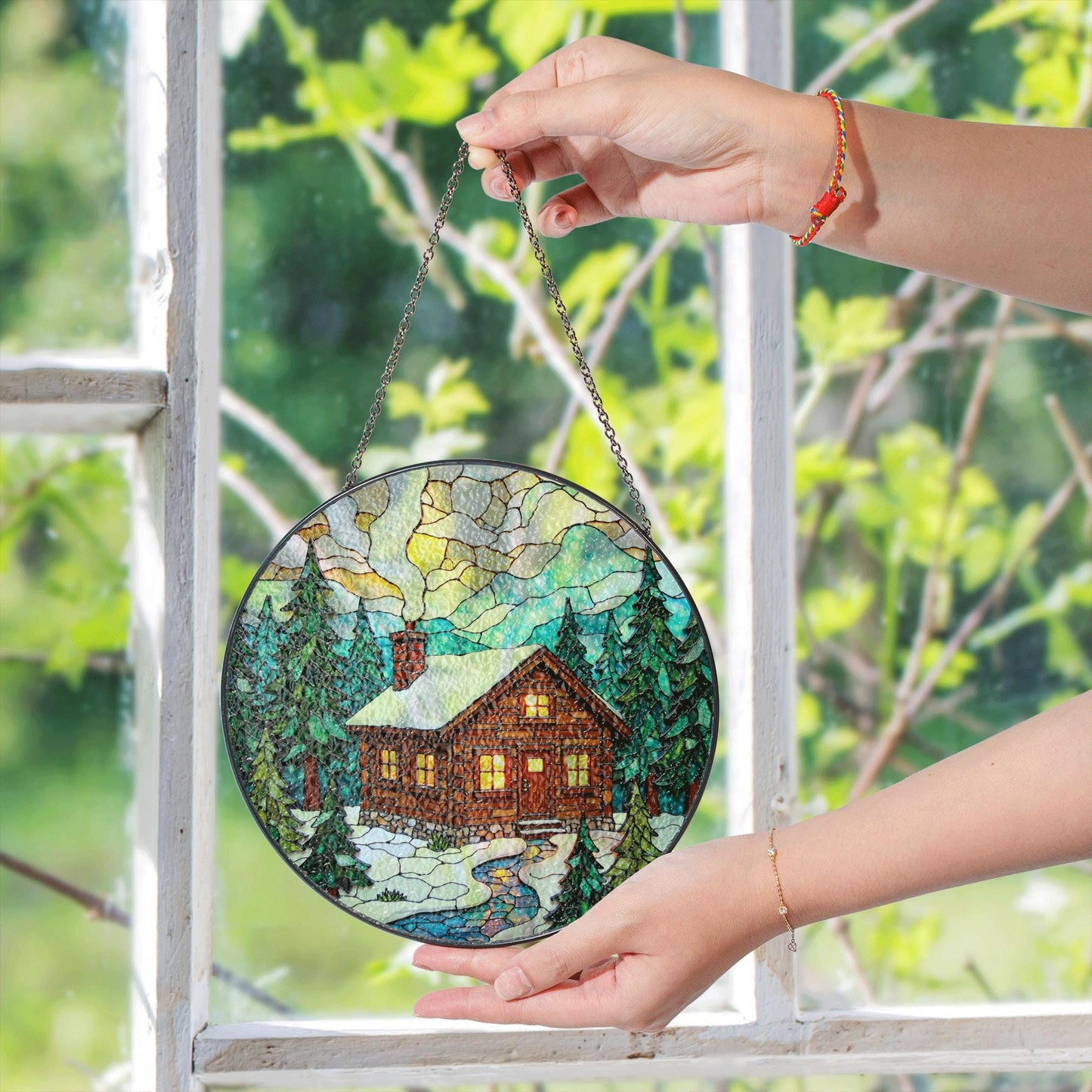 Cozy Cabin Stained Glass Suncatcher Winter Decor Gift for Nature Lovers