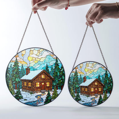Cozy Cabin Stained Glass Suncatcher Winter Decor Gift for Nature Lovers