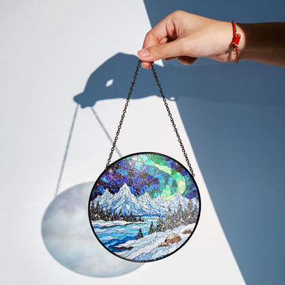 Mountain Landscape Suncatcher Stained Glass Window Hanging Gift for Nature Lovers