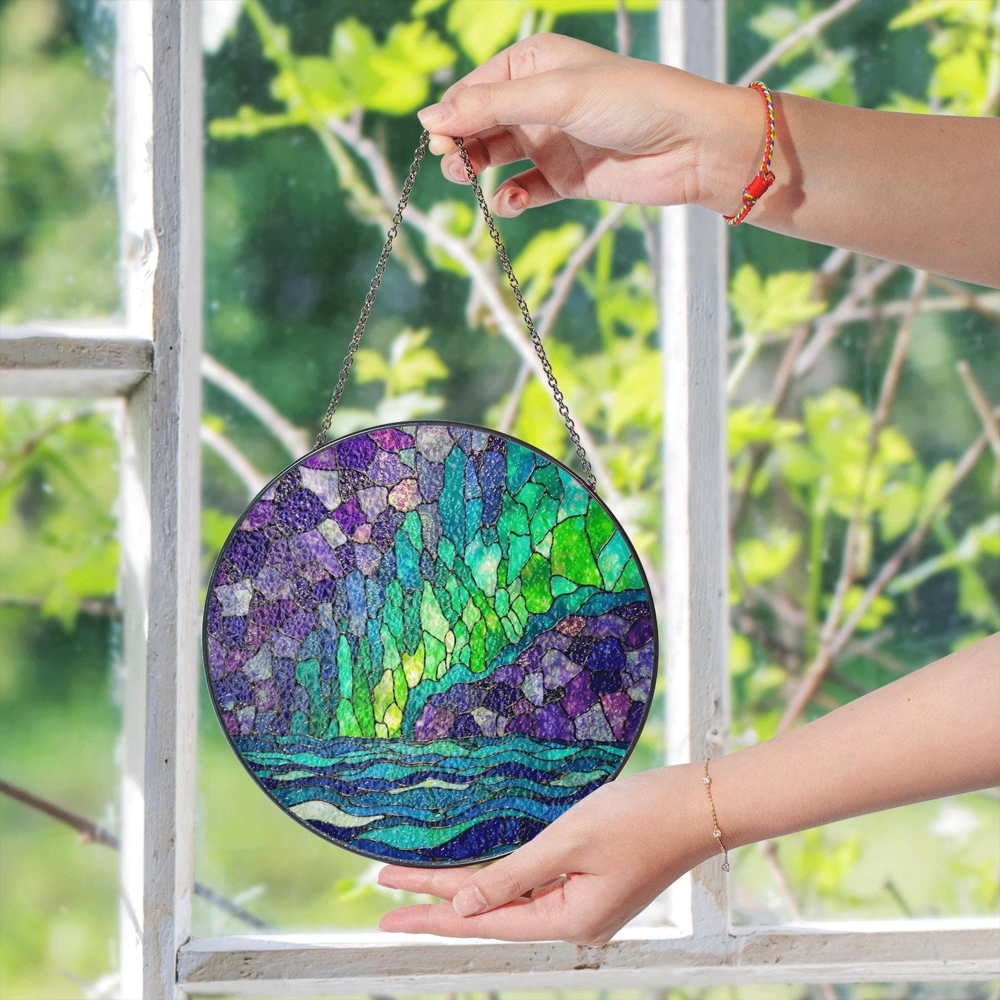 Northern Lights Stained Glass Suncatcher Window Decor Gift for Nature Lovers