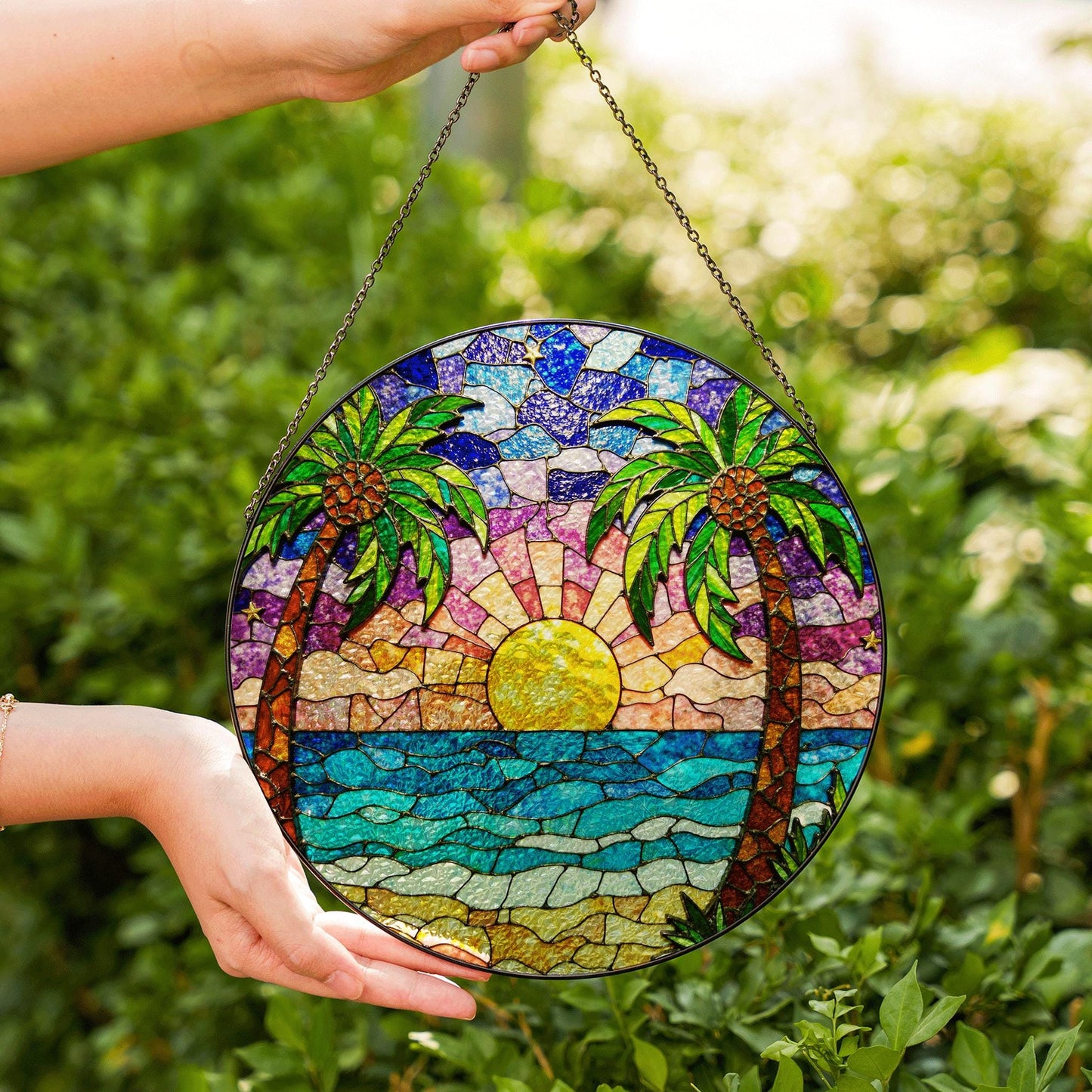 Tropical Beach Sunset Suncatcher Stained Glass Palm Tree Gift for Nature Lovers