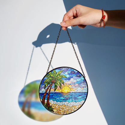 Beach Sunset Palm Tree Suncatcher Stained Glass Window Decor Gift for Mom Friend