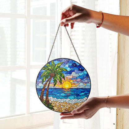 Beach Sunset Palm Tree Suncatcher Stained Glass Window Decor Gift for Mom Friend