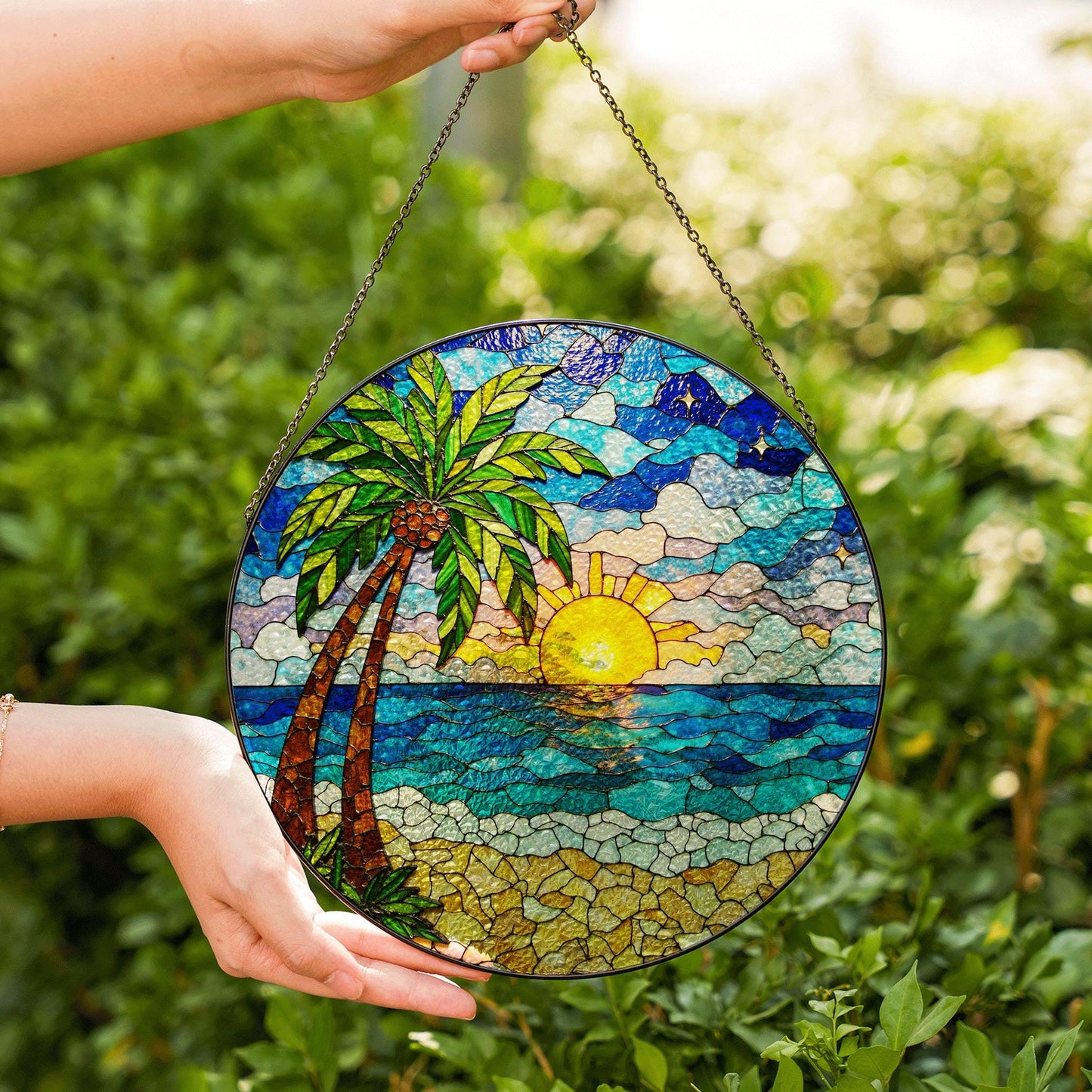 Beach Sunset Palm Tree Suncatcher Stained Glass Window Decor Gift for Mom Friend