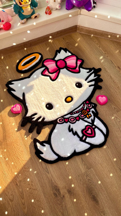 Angel Kitty Puffy Tufted Rug – Custom Handmade 3D Carpet, White Decor, Cute Cloud Rug for Bedroom or Kawaii Gift for Girls
