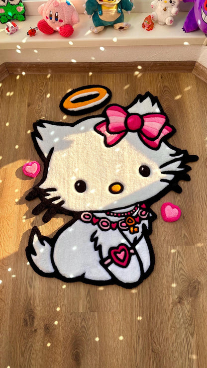 Angel Kitty Puffy Tufted Rug – Custom Handmade 3D Carpet, White Decor, Cute Cloud Rug for Bedroom or Kawaii Gift for Girls
