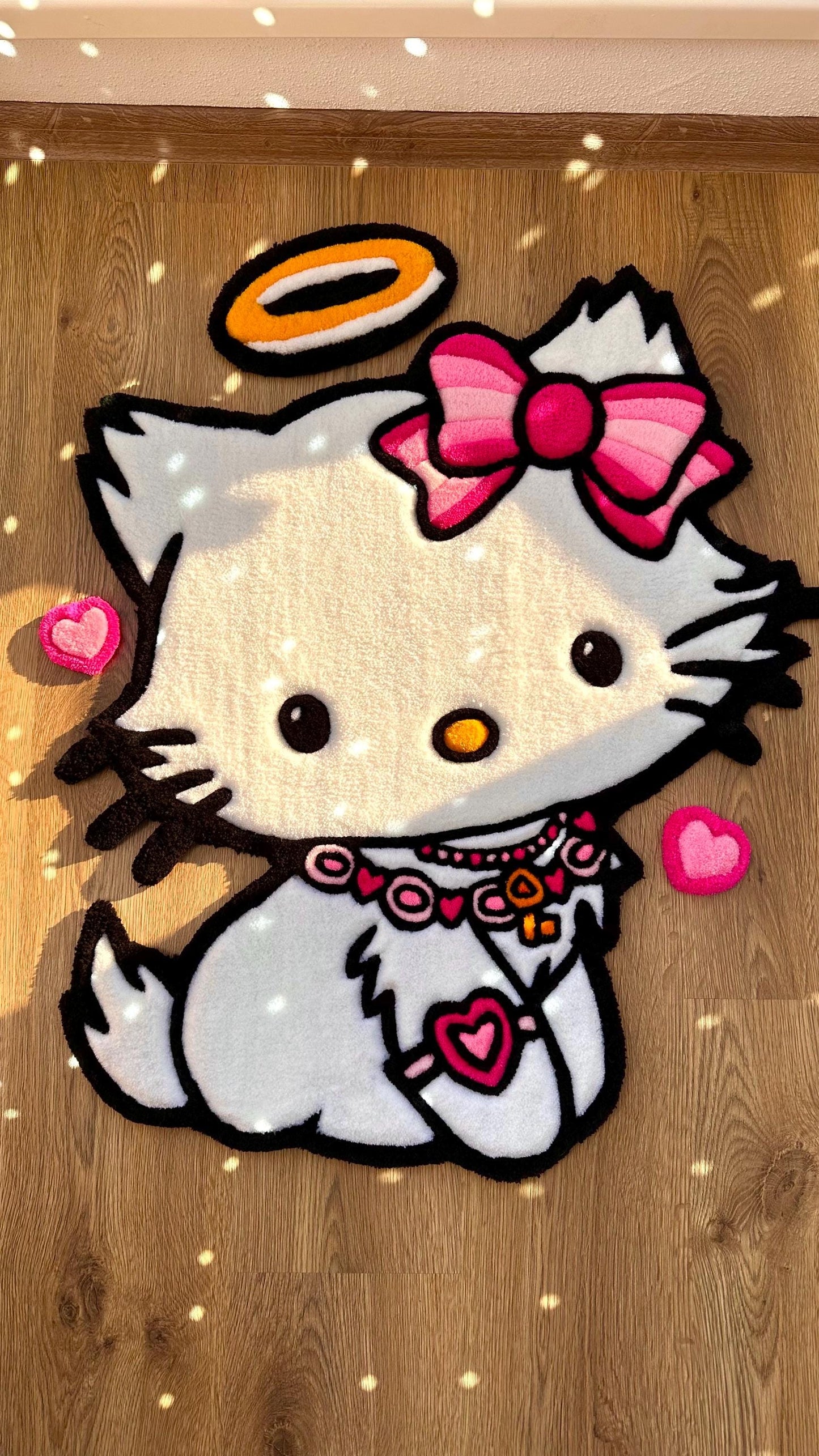 Angel Kitty Puffy Tufted Rug – Custom Handmade 3D Carpet, White Decor, Cute Cloud Rug for Bedroom or Kawaii Gift for Girls