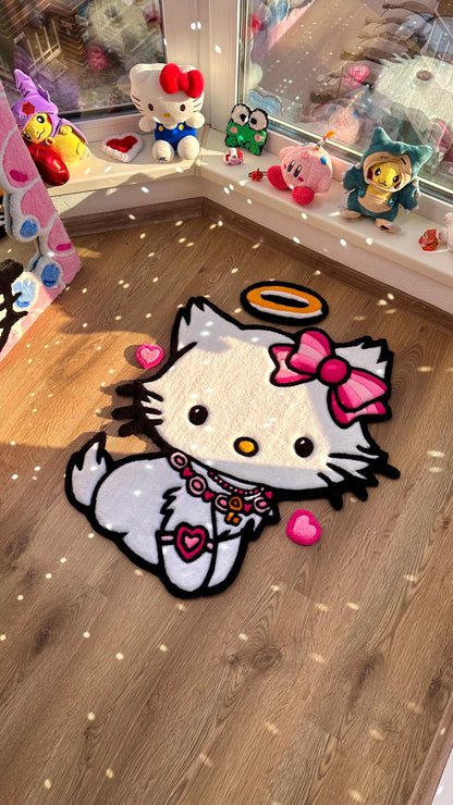 Angel Kitty Puffy Tufted Rug – Custom Handmade 3D Carpet, White Decor, Cute Cloud Rug for Bedroom or Kawaii Gift for Girls