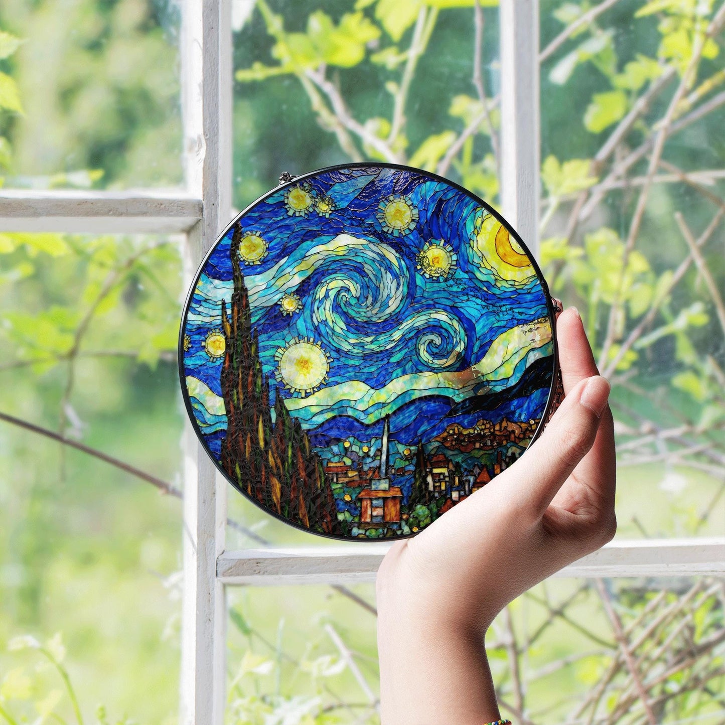 Stained Glass Starry Night Suncatcher Window Hanging Gift for Art Lovers