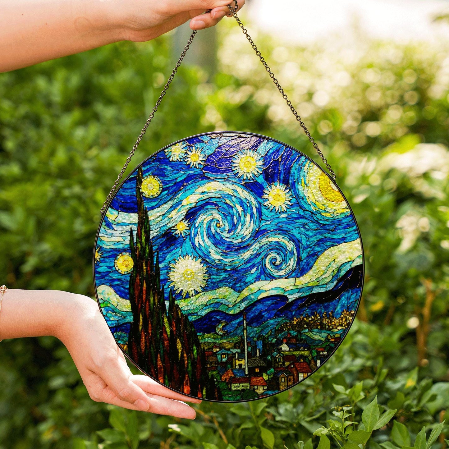 Starry Night Stained Glass Suncatcher Art for Home Window Gift for Art Lovers and Van Gogh Fans