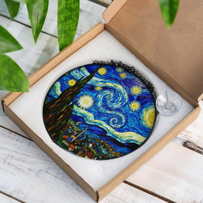 Starry Night Stained Glass Suncatcher Art for Home Window Gift for Art Lovers and Van Gogh Fans