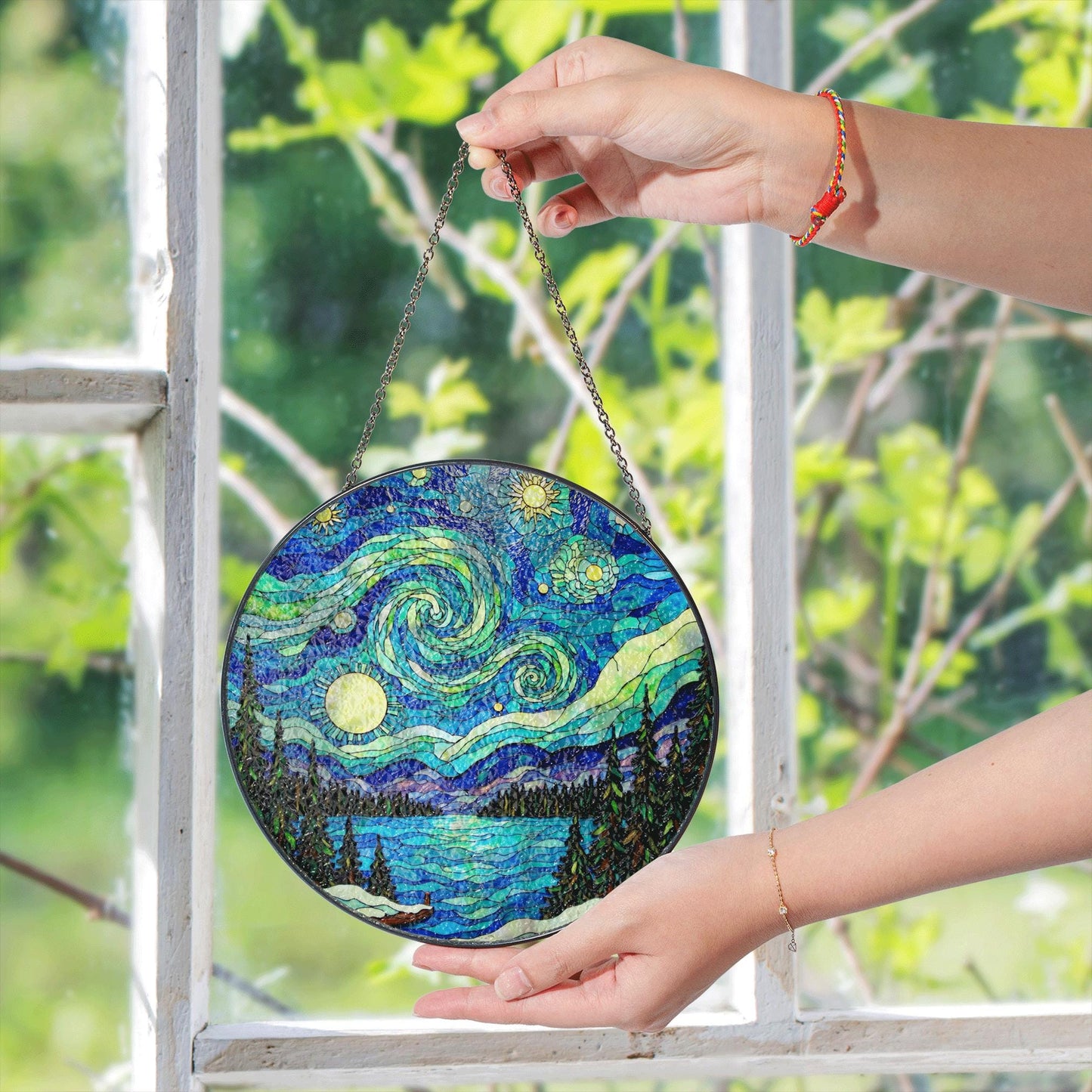 Starry Night Stained Glass Suncatcher Decorative Gift for Home Lovers