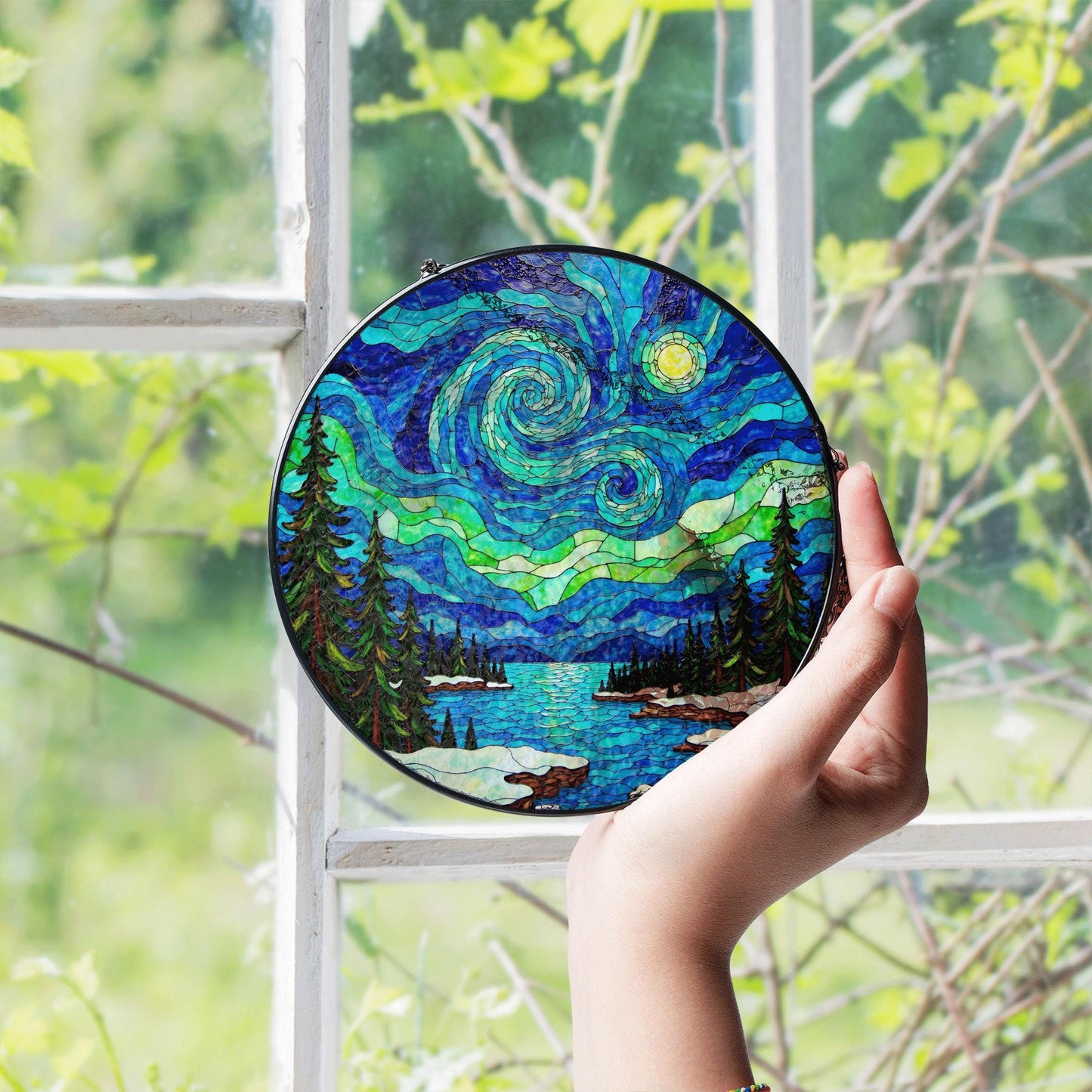 Starry Night Inspired Stained Glass Suncatcher Handcrafted Gift for Art Lovers Window Decor