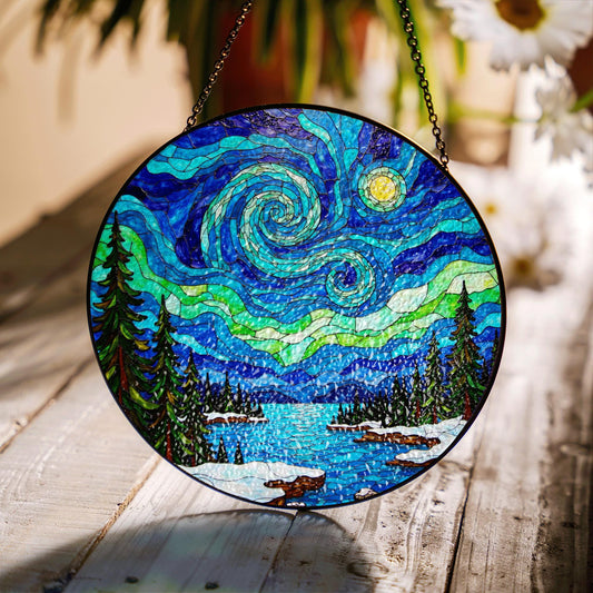 Starry Night Inspired Stained Glass Suncatcher Handcrafted Gift for Art Lovers Window Decor