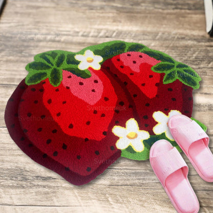 Cute Strawberry Bath Mat, Tufted Fluffy Fruit Bedroom Rugs for Girls, Dorm Rug, Funny Strawberry Shower Rugs, Non Slip Bath Mat, fruit rug
