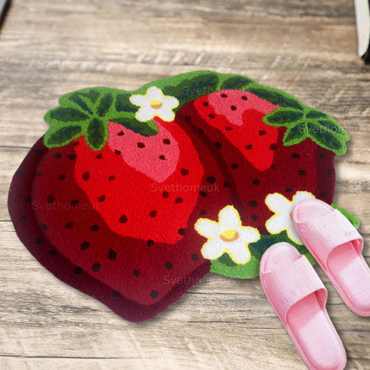 Cute Strawberry Bath Mat, Tufted Fluffy Fruit Bedroom Rugs for Girls, Dorm Rug, Funny Strawberry Shower Rugs, Non Slip Bath Mat, fruit rug