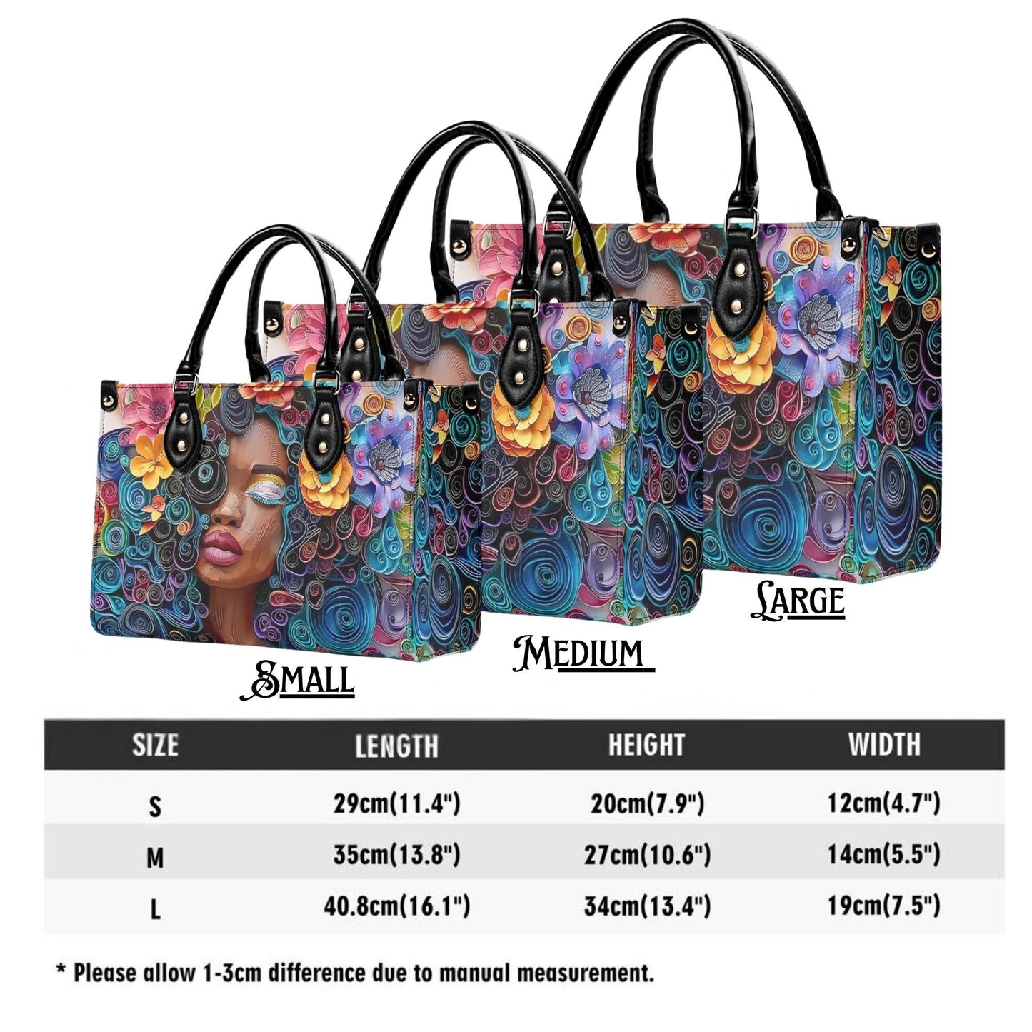 Afro-Centric Bloom Chic Tote Handbag. Colorful Handbag, Waterproof PU Leather Tote, Top Handle Vegan Leather, Crossbody, Shoulder bag.