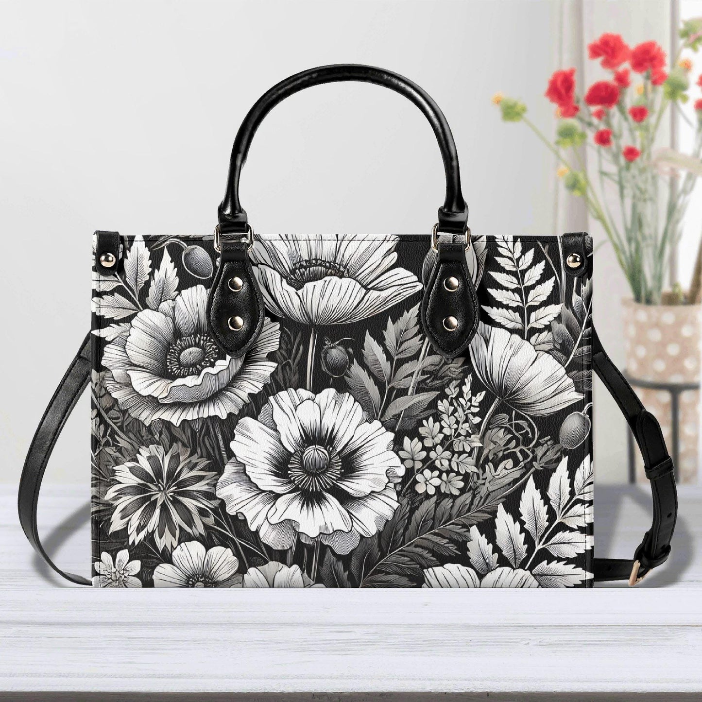 Inkwell Blooms- Trendy Handbag, Waterproof PU Leather Handbag, Top Handle Vegan Leather, High-quality Crossbody Bag, Shoulder bag