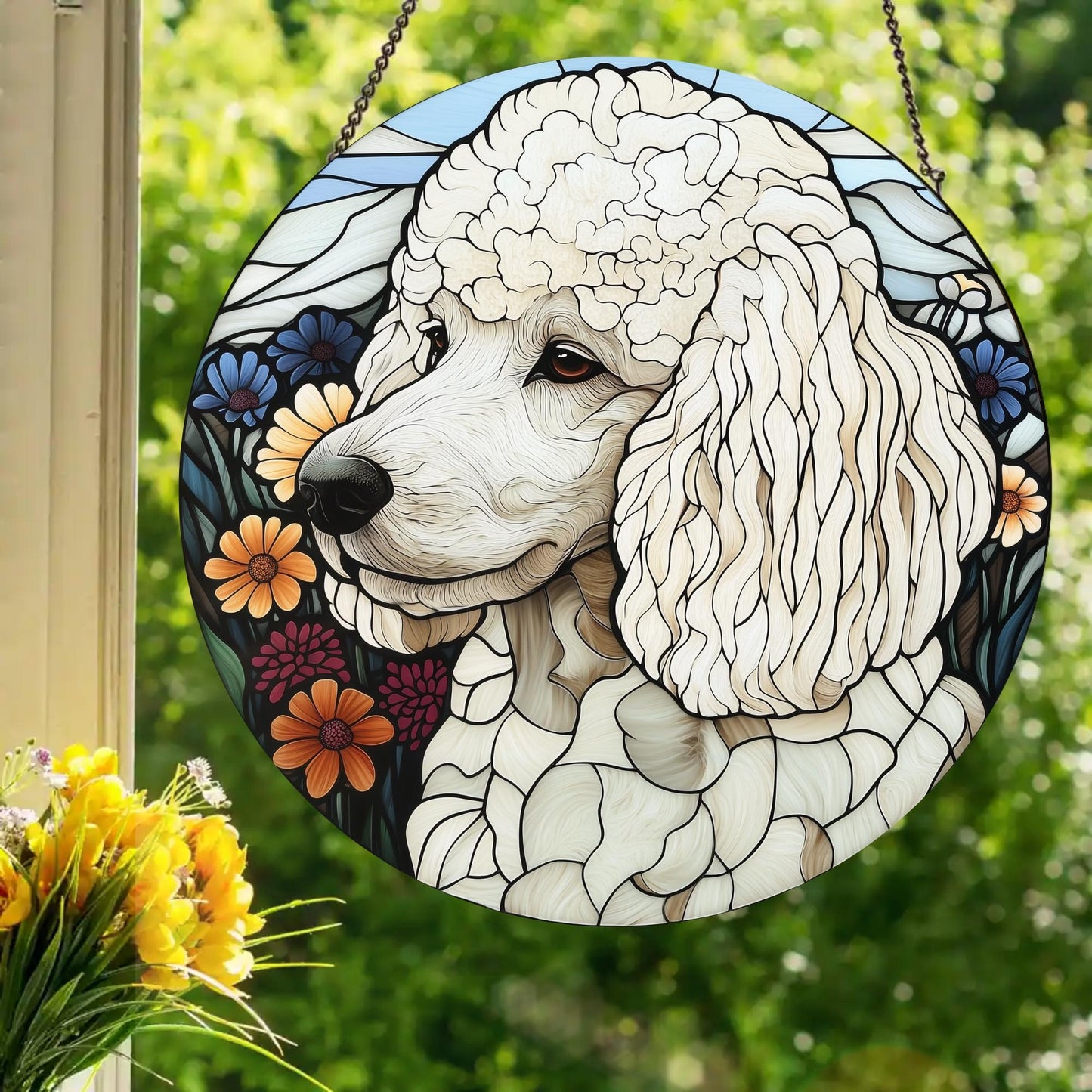White Poodle: Stained Glass Style Window Hanging