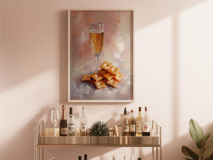 Champagne and Cheese Crackers Art Print | Cute Quirky Whimsical | Cocktail Art Bar Cart Decor | Trendy Home Wall Art | Champagne Wall Art