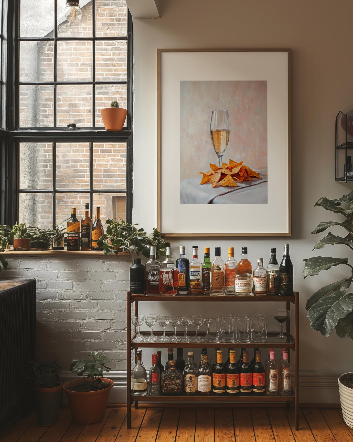 Champagne and Nacho Cheese Chips Art Print: Quirky Bar Cart Decor