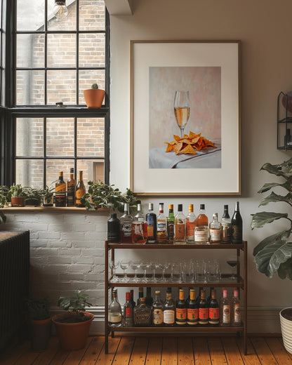 Champagne and Nacho Cheese Chips Art Print: Quirky Bar Cart Decor