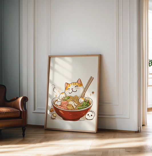 Vintage Cat Eating Ramen, Noodles Poster, Funny Cat Wall Art, Kitchen Decor, Japanese Inspired Cat Art Print, Cat Lover Gift, Japandi print