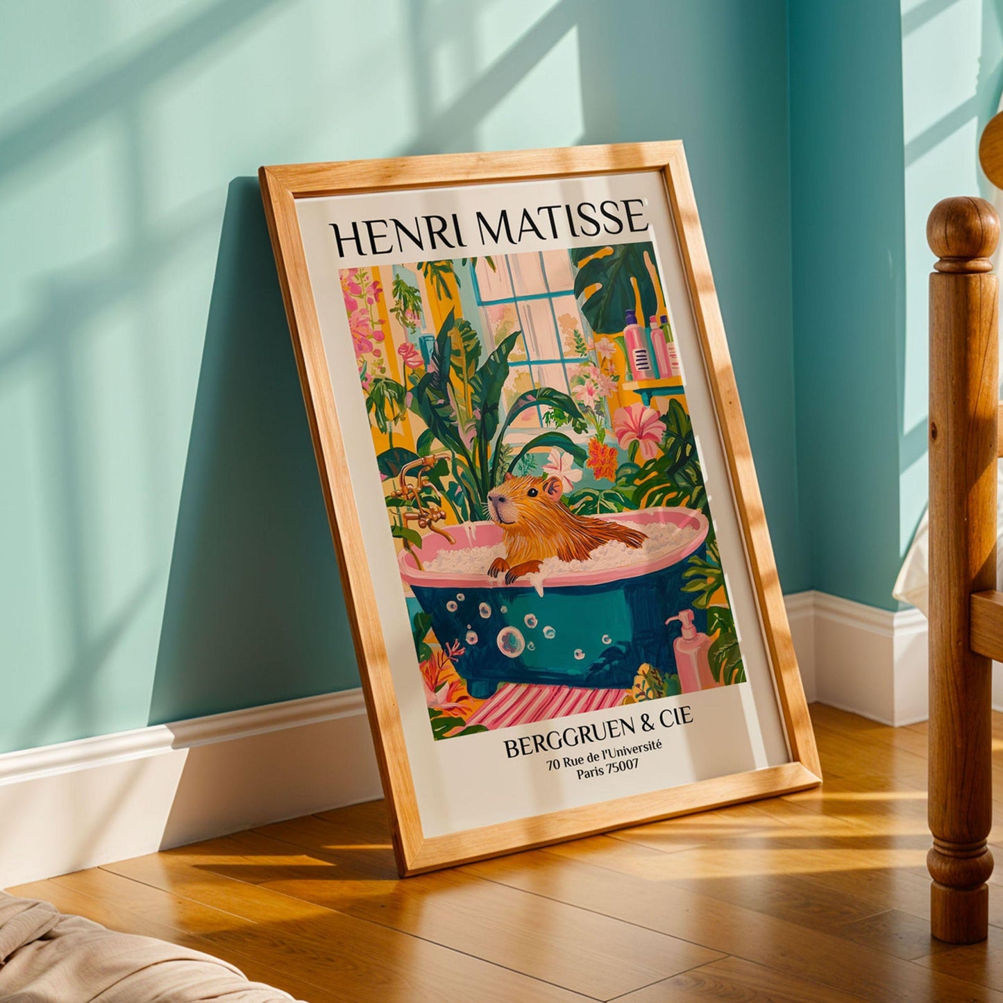 Capybara in Bathtub Print Tropical Pink Bathroom Wall Art Matisse Inspired Animal Poster Aesthetic Spa Decor for Home Wall Art