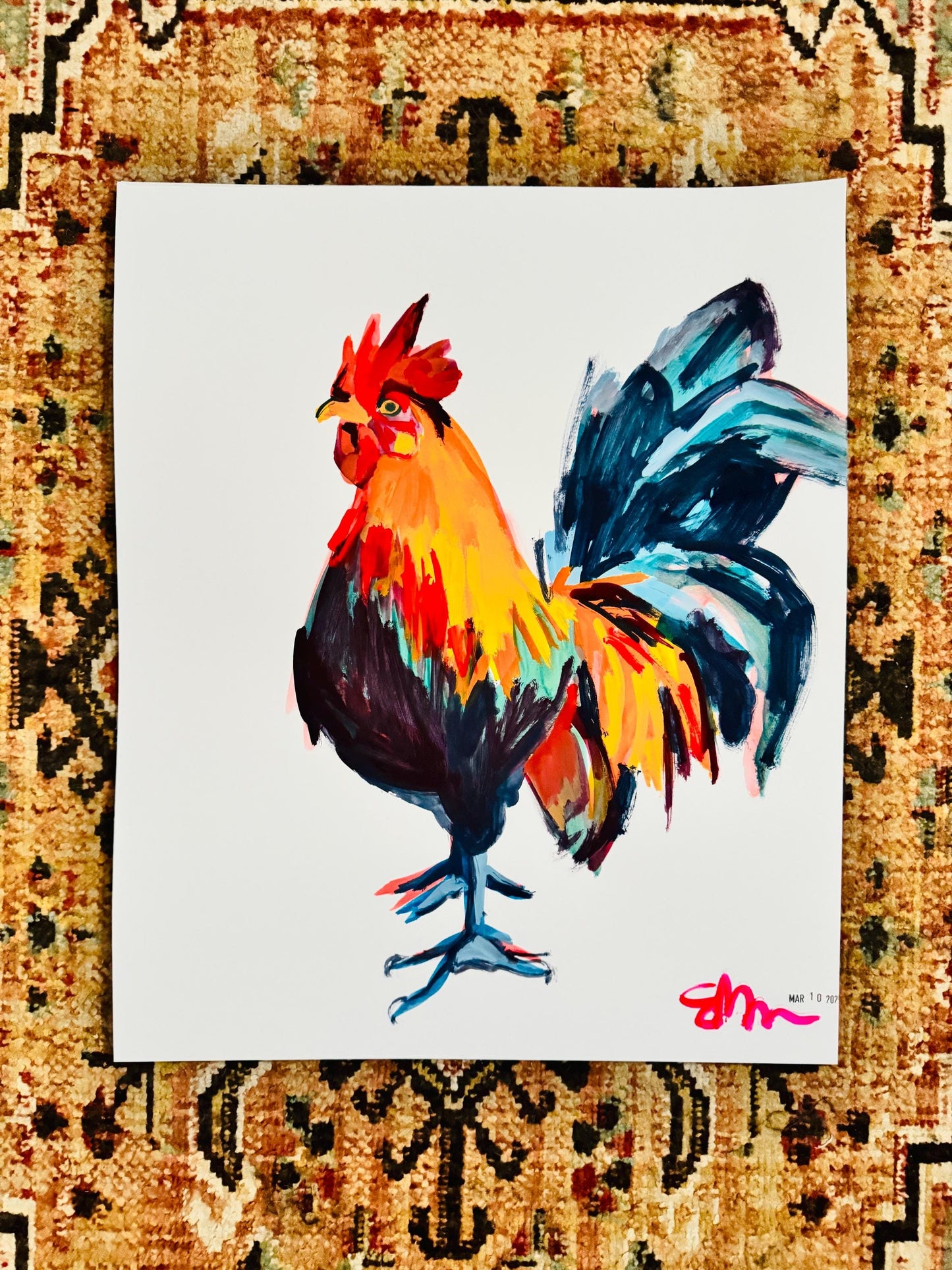 Spotted Rooster Crowing Art | Original Gouache Painting by Erika Lamar Buentello