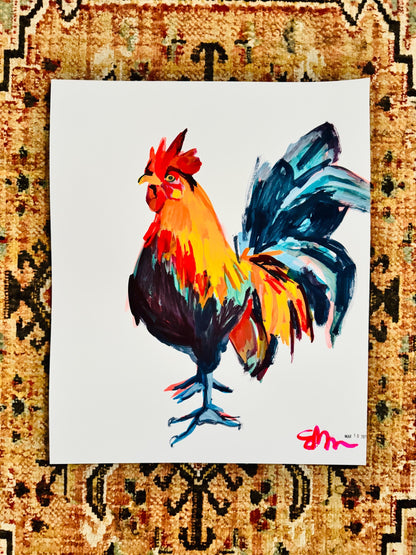 Spotted Rooster Crowing Art | Original Gouache Painting by Erika Lamar Buentello