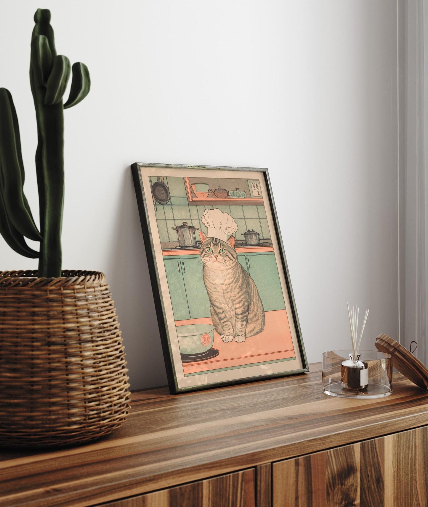 Ukiyo-e Cat Chef Print: Japanese Kitchen Art, Tabby Cat Lover Gift