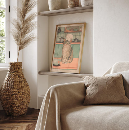 Ukiyo-e Cat Chef Print: Japanese Kitchen Art, Tabby Cat Lover Gift