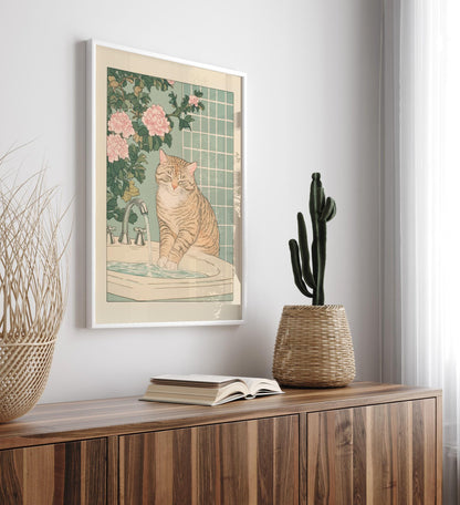 Tabby Cat Bathroom Print: Ukiyo-e Japanese Wall Art
