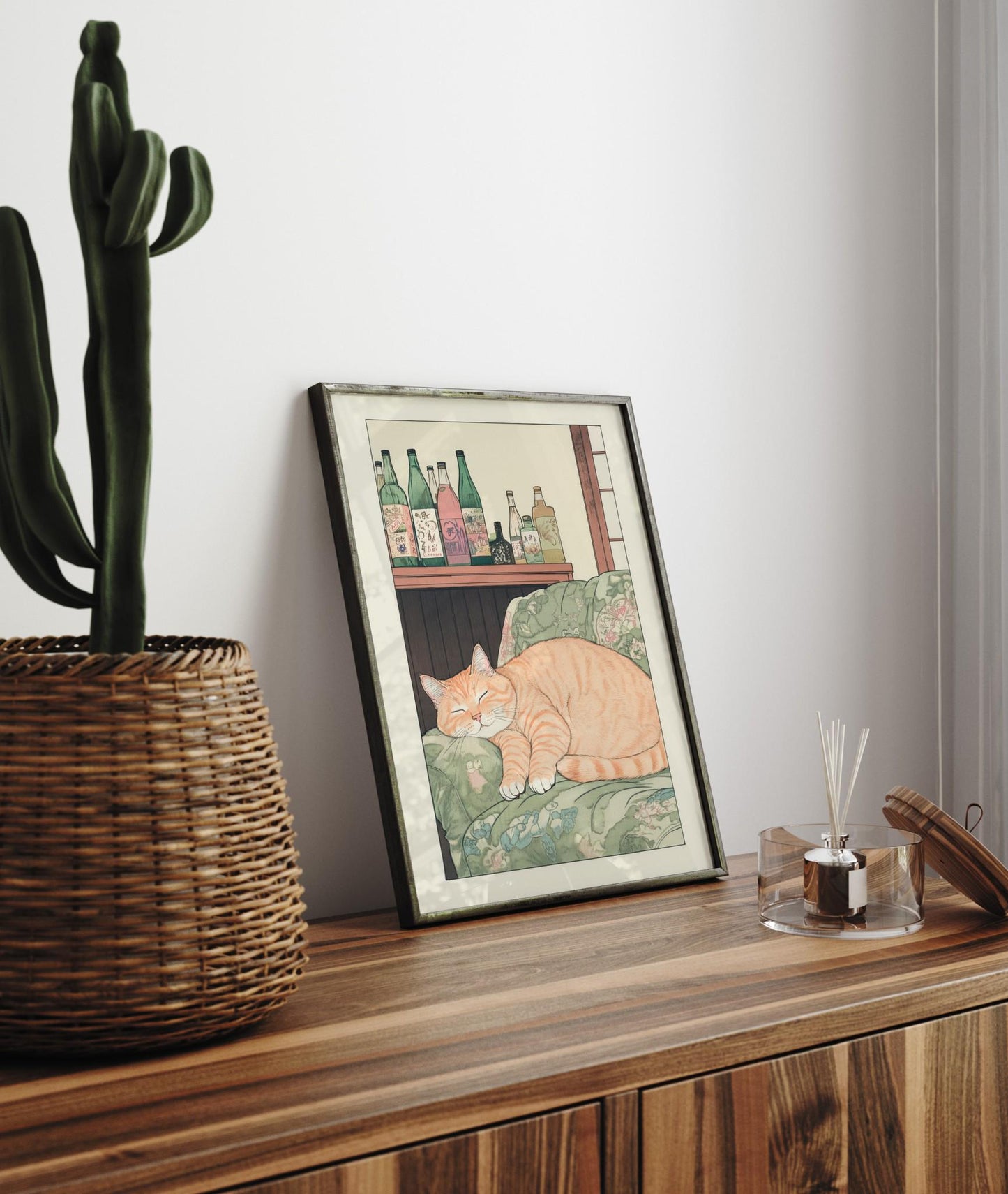 Sleeping Tabby Cat Print: Ukiyo-e Japanese Bedroom Wall Art