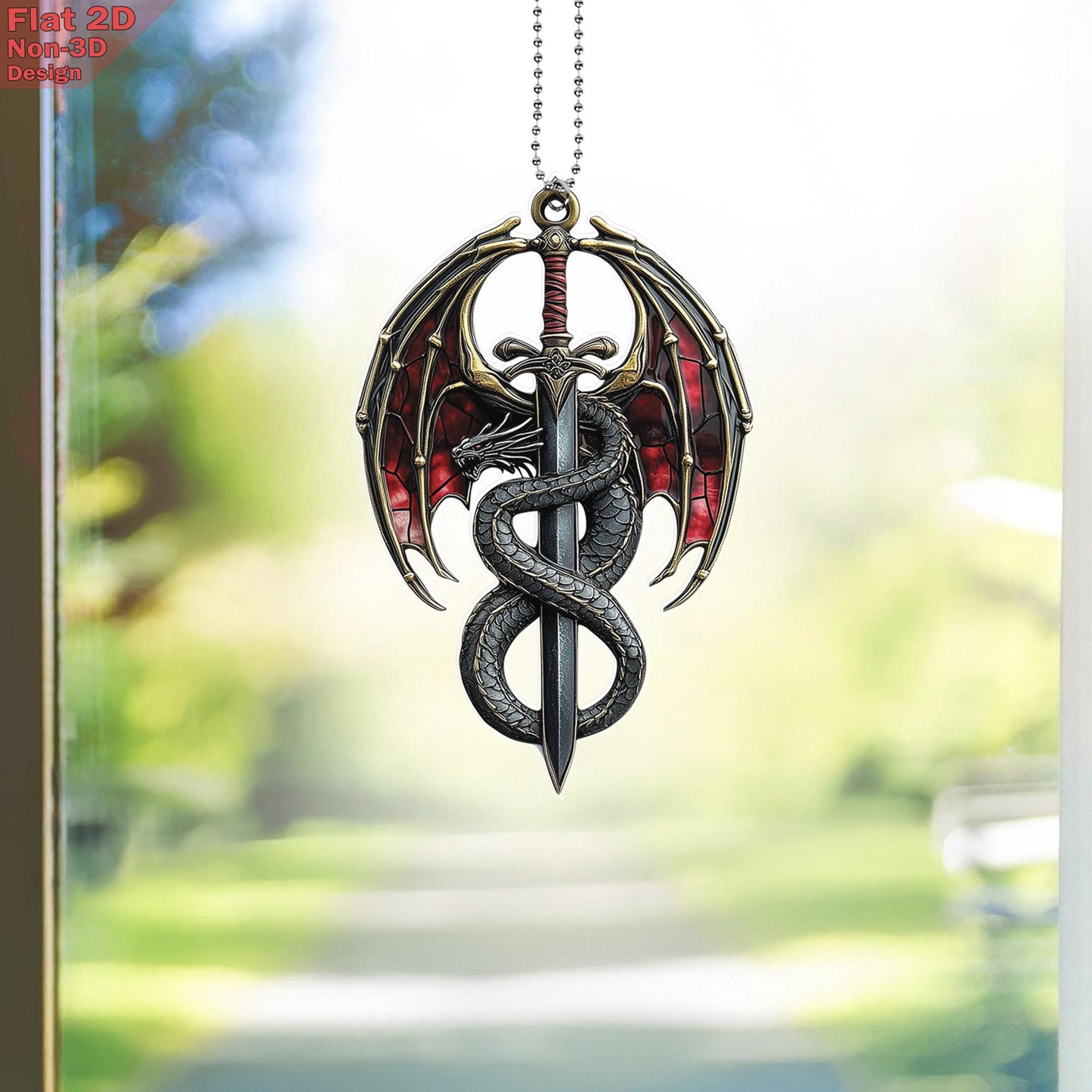 Dragon Sword Window Hanging, Acrylic 2D Flat, Medieval Car Charm, Fantasy Car Decor, Gothic Style Ornament, Free Custom Keychain