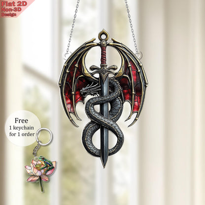 Dragon Sword Window Hanging, Acrylic 2D Flat, Medieval Car Charm, Fantasy Car Decor, Gothic Style Ornament, Free Custom Keychain