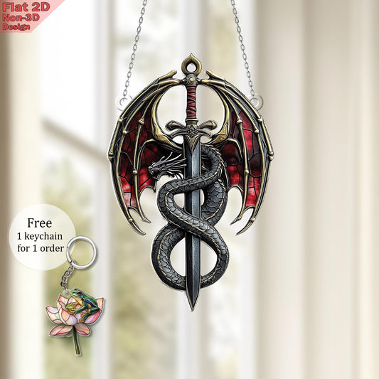 Dragon Sword Window Hanging, Acrylic 2D Flat, Medieval Car Charm, Fantasy Car Decor, Gothic Style Ornament, Free Custom Keychain