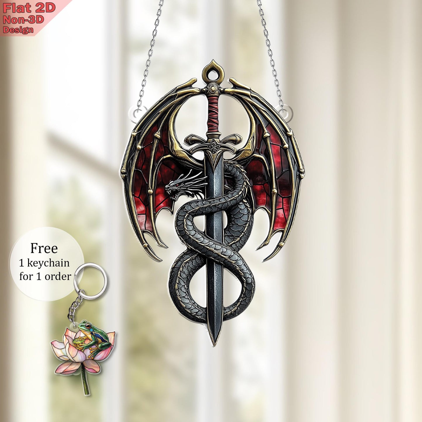 Dragon Sword Window Hanging, Acrylic 2D Flat, Medieval Car Charm, Fantasy Car Decor, Gothic Style Ornament, Free Custom Keychain