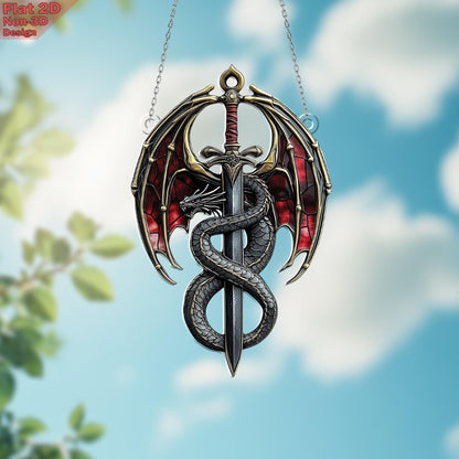 Dragon Sword Window Hanging, Acrylic 2D Flat, Medieval Car Charm, Fantasy Car Decor, Gothic Style Ornament, Free Custom Keychain