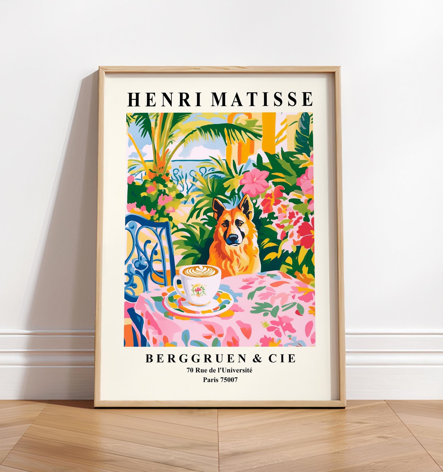 German Shepherd Dronking Coffee Art Print: Matisse Style Dopamine Decor