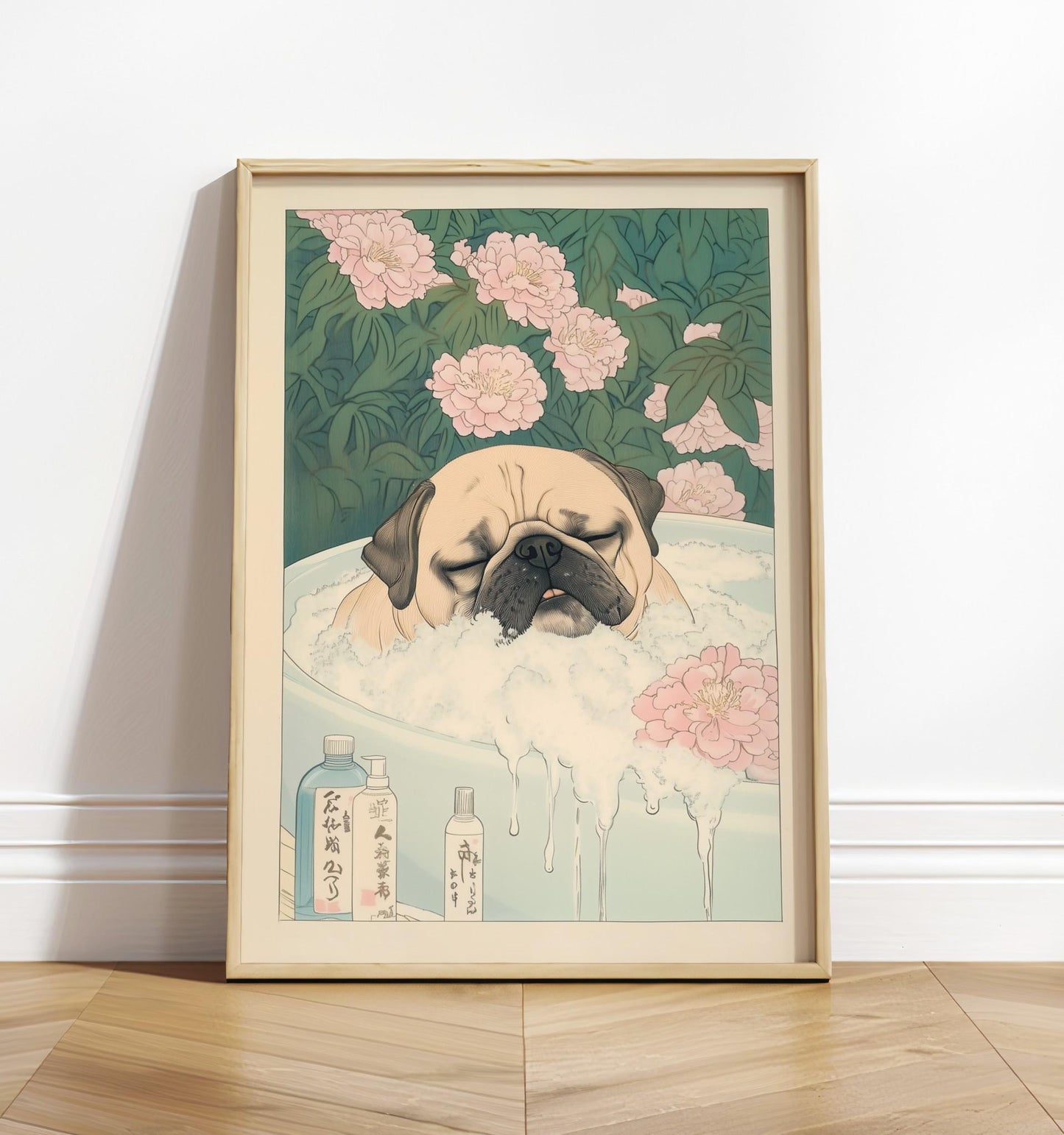 Pug Bathroom Print: Kawaii Japandi Ukiyo-e Dog Art
