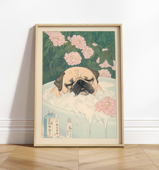 Pug Bathroom Print: Kawaii Japandi Ukiyo-e Dog Art