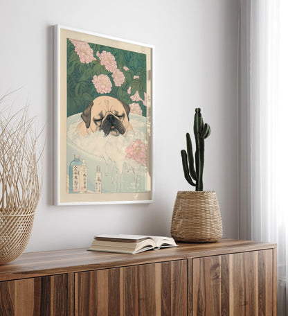 Pug Bathroom Print: Kawaii Japandi Ukiyo-e Dog Art