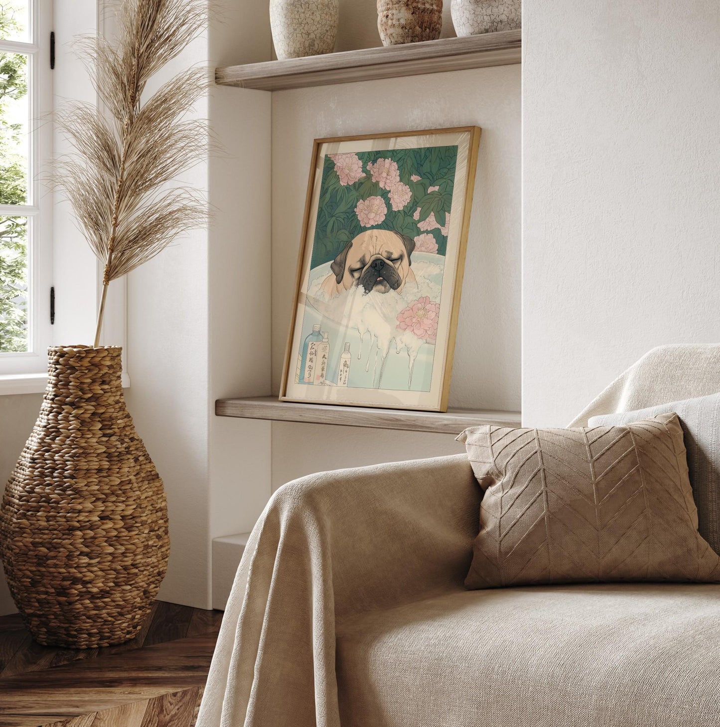 Pug Bathroom Print: Kawaii Japandi Ukiyo-e Dog Art