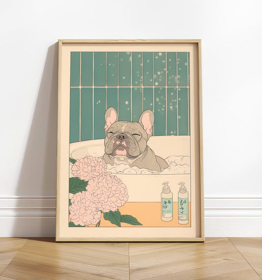 French Bulldog Bathroom Print: Japanese Ukiyo-e Art, Neutral Decor